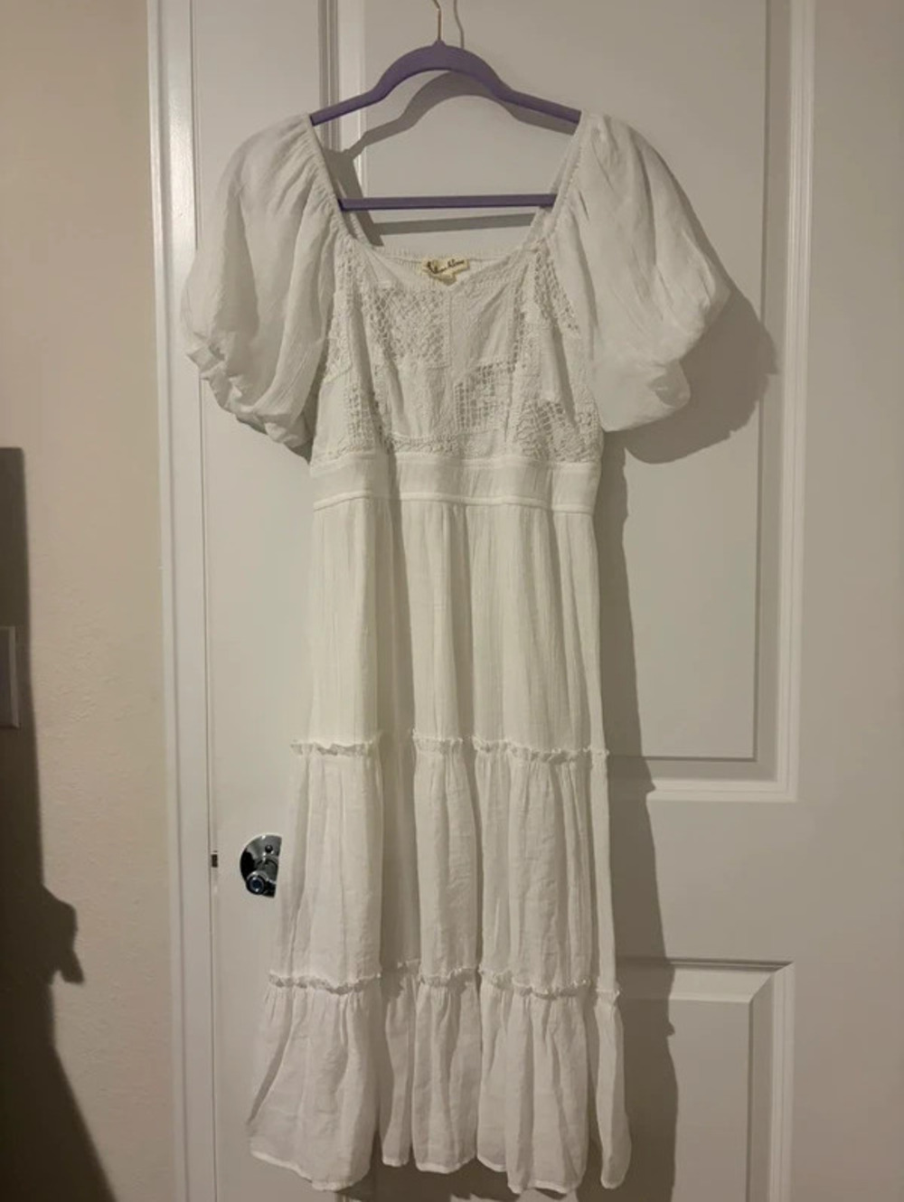 Indigo Rose White Embroidered Puff Sleeve Midi Dress